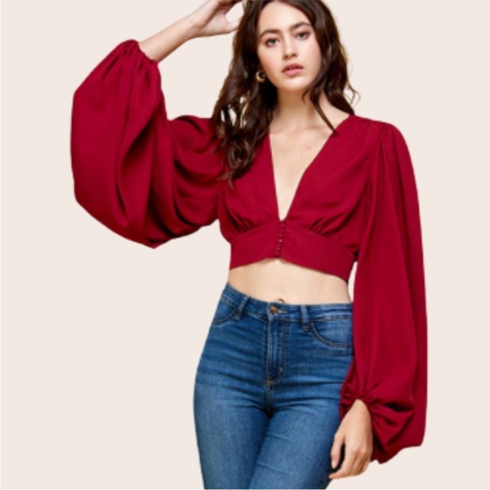 Signature8 Elegant Red Deep V-Neck Blouse Statement Puff Sleeves